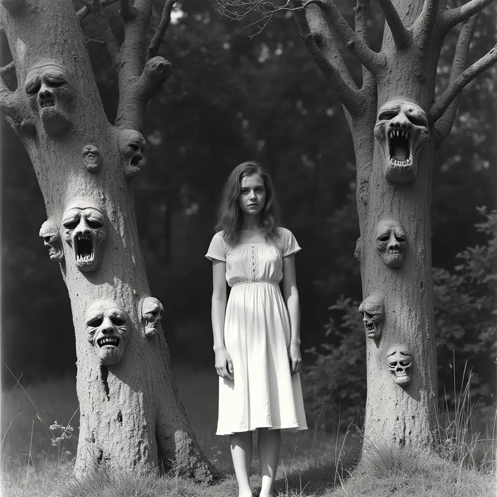 realistic, an black and white old photograph in the 1960s of a young woman in a white dress standing up, sunny day, in a garden with trees. Numerous small demonic scary faces are carved everywhere in the tree trunks and the tree branches