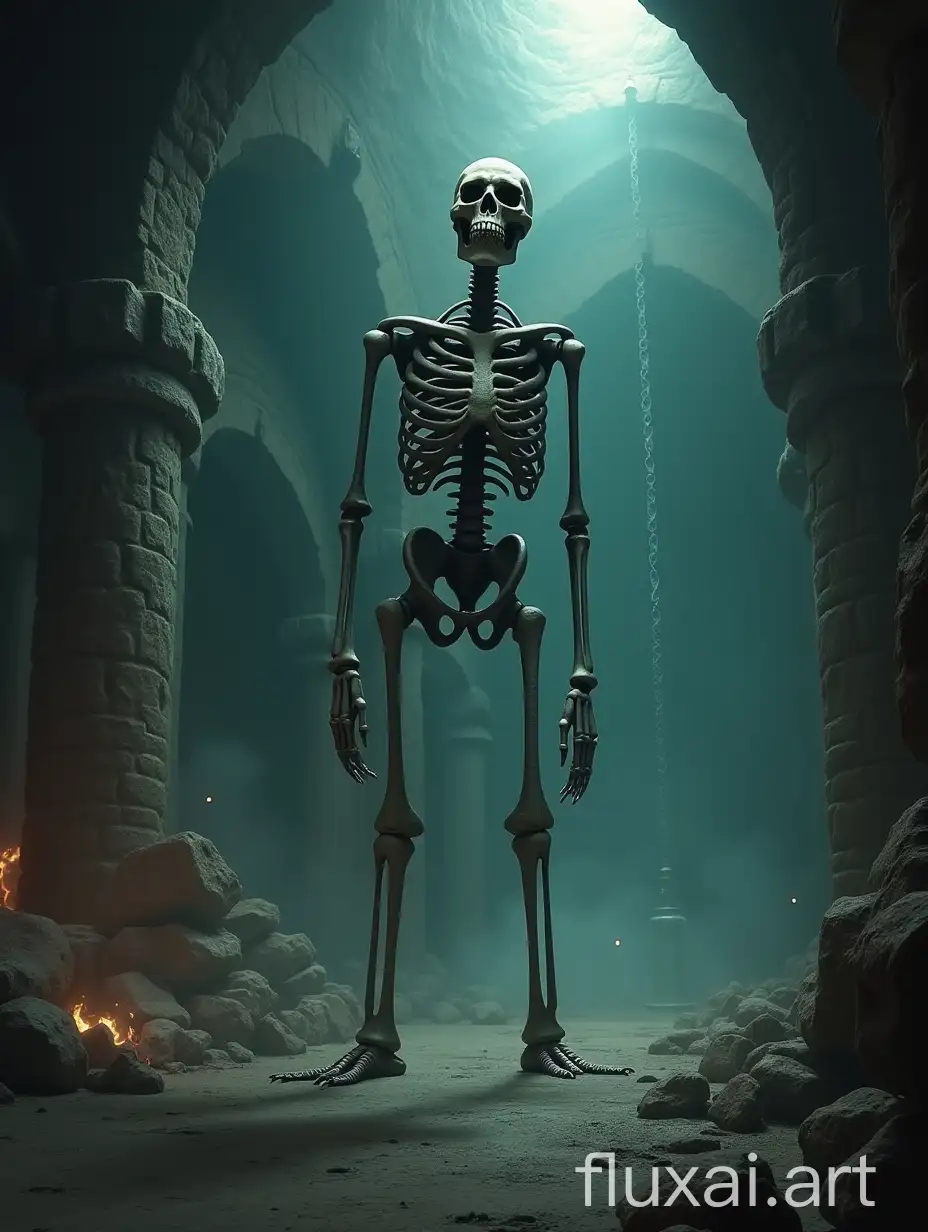 skeleton in a giant dungeon