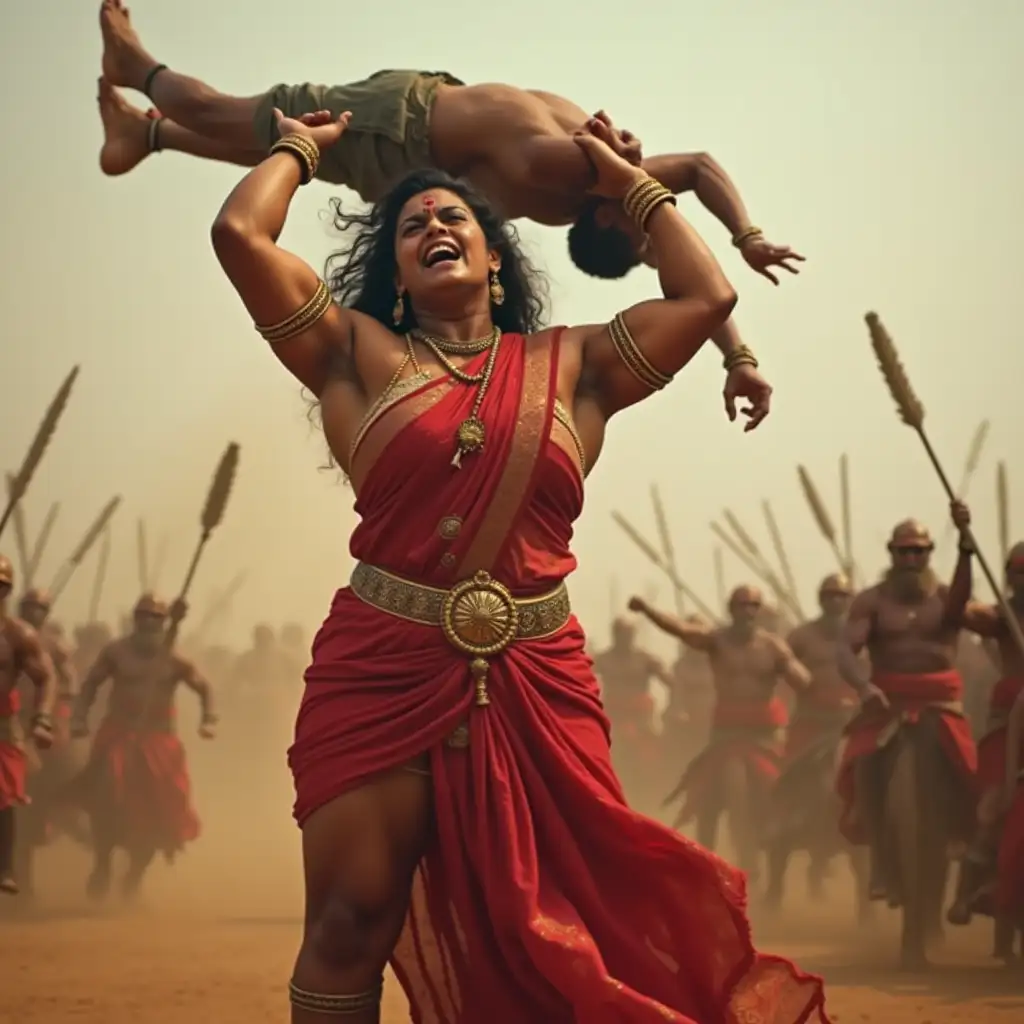 Muscular-Indian-Warrior-Woman-Lifting-Defeated-Man-in-Battlefield