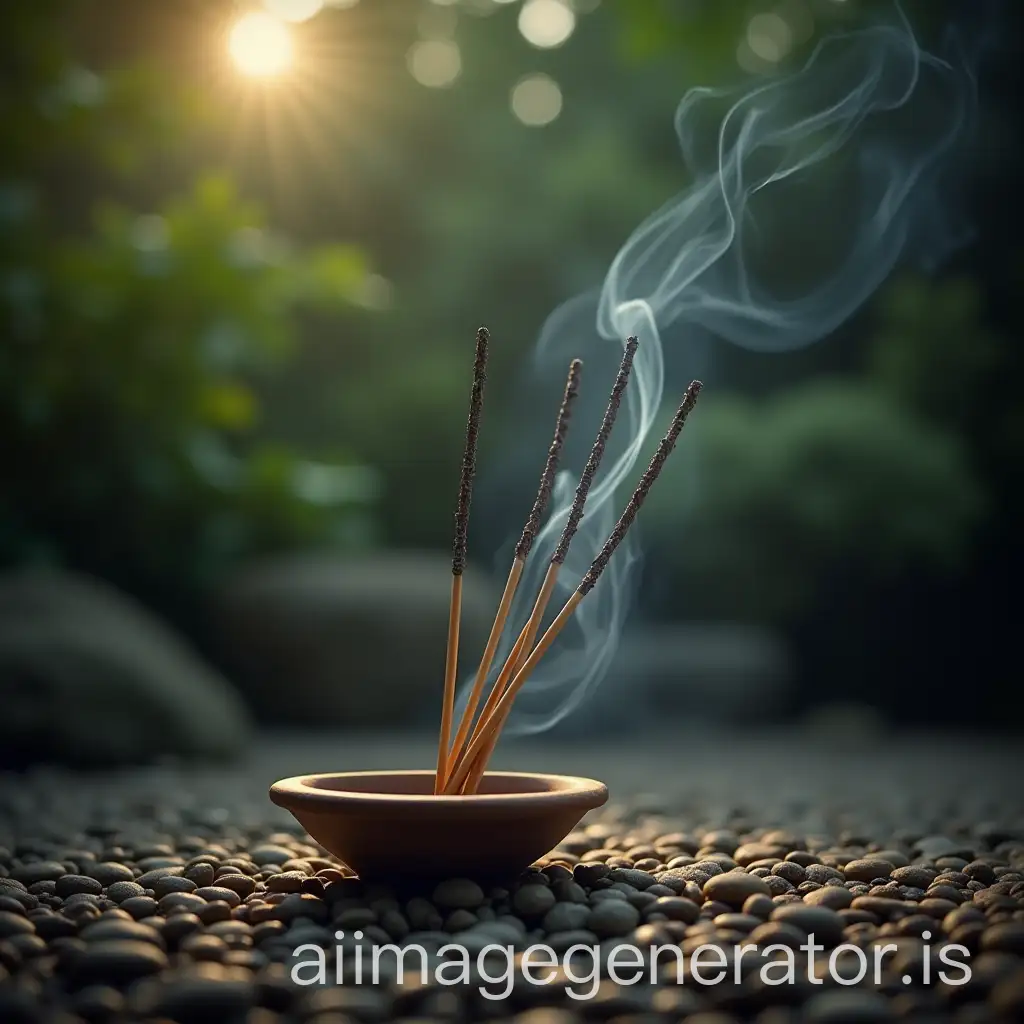 Sticks of Incense burning in a Zen garden