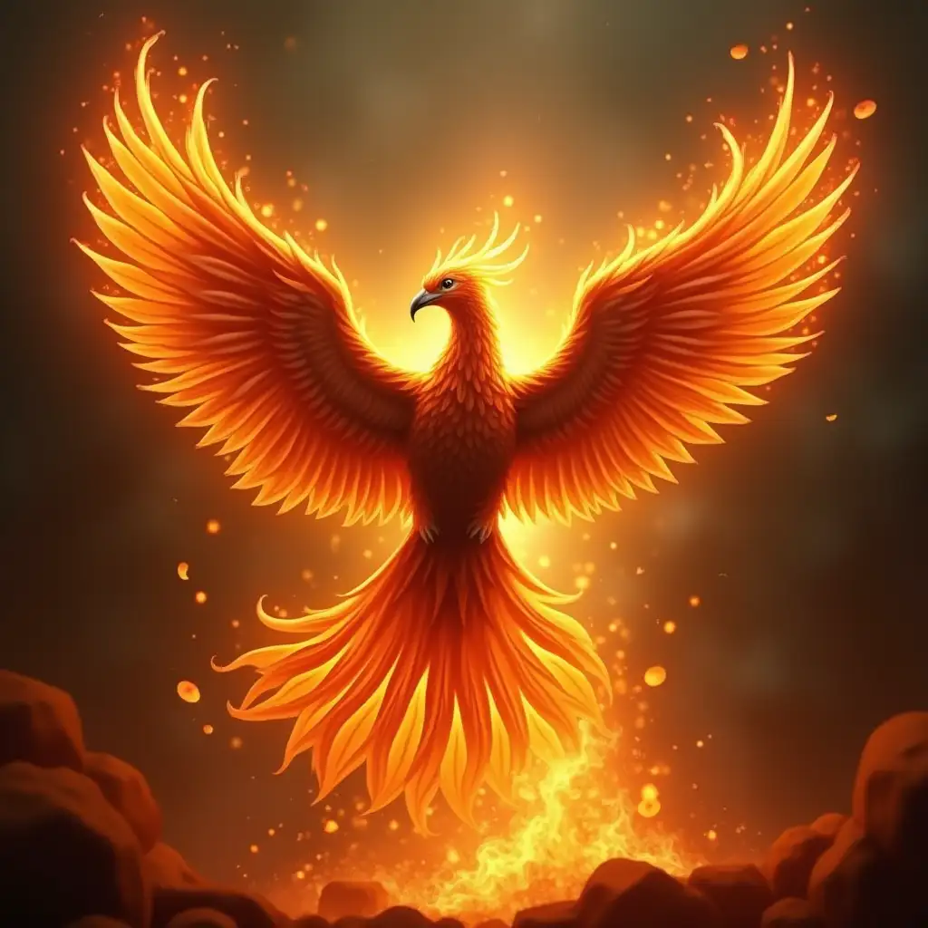 Majestic-Phoenix-Rising-from-Flames-with-Vibrant-Golden-Feathers