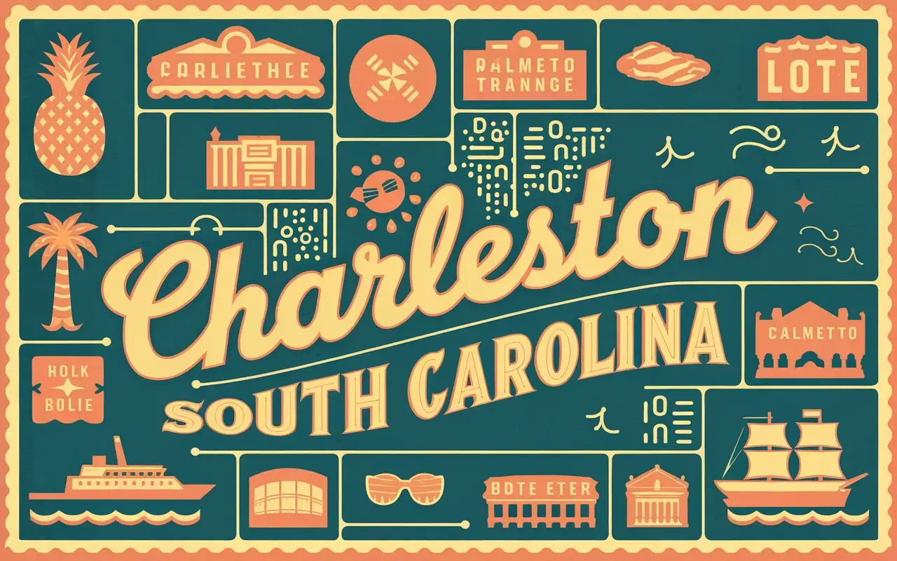 graphic design, 1950's style souvenir map of 'Charleston, South Carolina' with bold bright colors, playful graphics associated with the state, kitsch