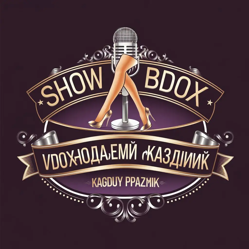 a vector logo design,with the text "SHOW VDOX  VDOXnovlyaemy kagduy prazdnik", main symbol:Basic information:n• Agency name: Show Vdohn• Logo elements:n◦ Name 'Show Vdoh'n◦ Slogan 'VDOHnovlyaemy evry osobennosti'n◦ Women's legs (in shoes or high heels)n◦ Microphone (possibly next to the legs or integrated into the design)n◦ Additional elements: fireworks, stars, abstract patterns or swirls to add festivity and inspiration.n2. Palette 1: Elegant and Luxuriousn• Gold – for the main accents and microphone.n• Silver – for the legs and background.n• Dark purple – for the text and additional elements.,Minimalistic,be used in Entertainment industry,clear background