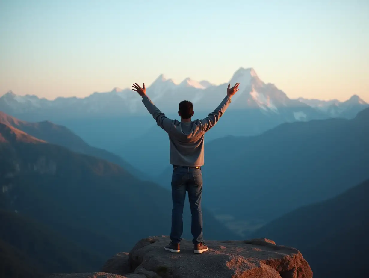 a man standing on top of a mountain with his arms outstretched in the air and mountains in the background, Andries Stock, sense of awe, a stock photo, figuration libre