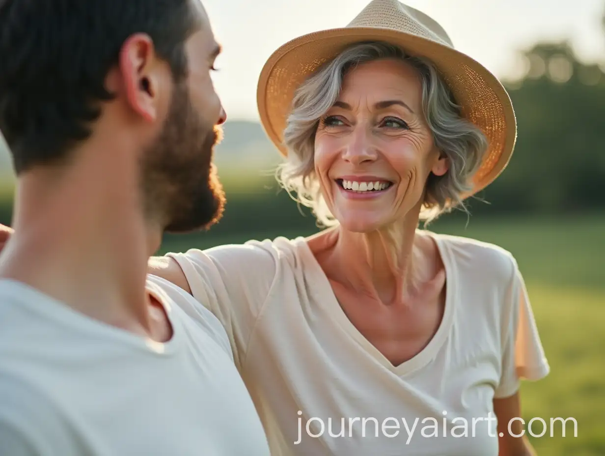 Elderly-Woman-with-Gray-Hair-and-Handsome-Brunette-Man-Smiling-Together