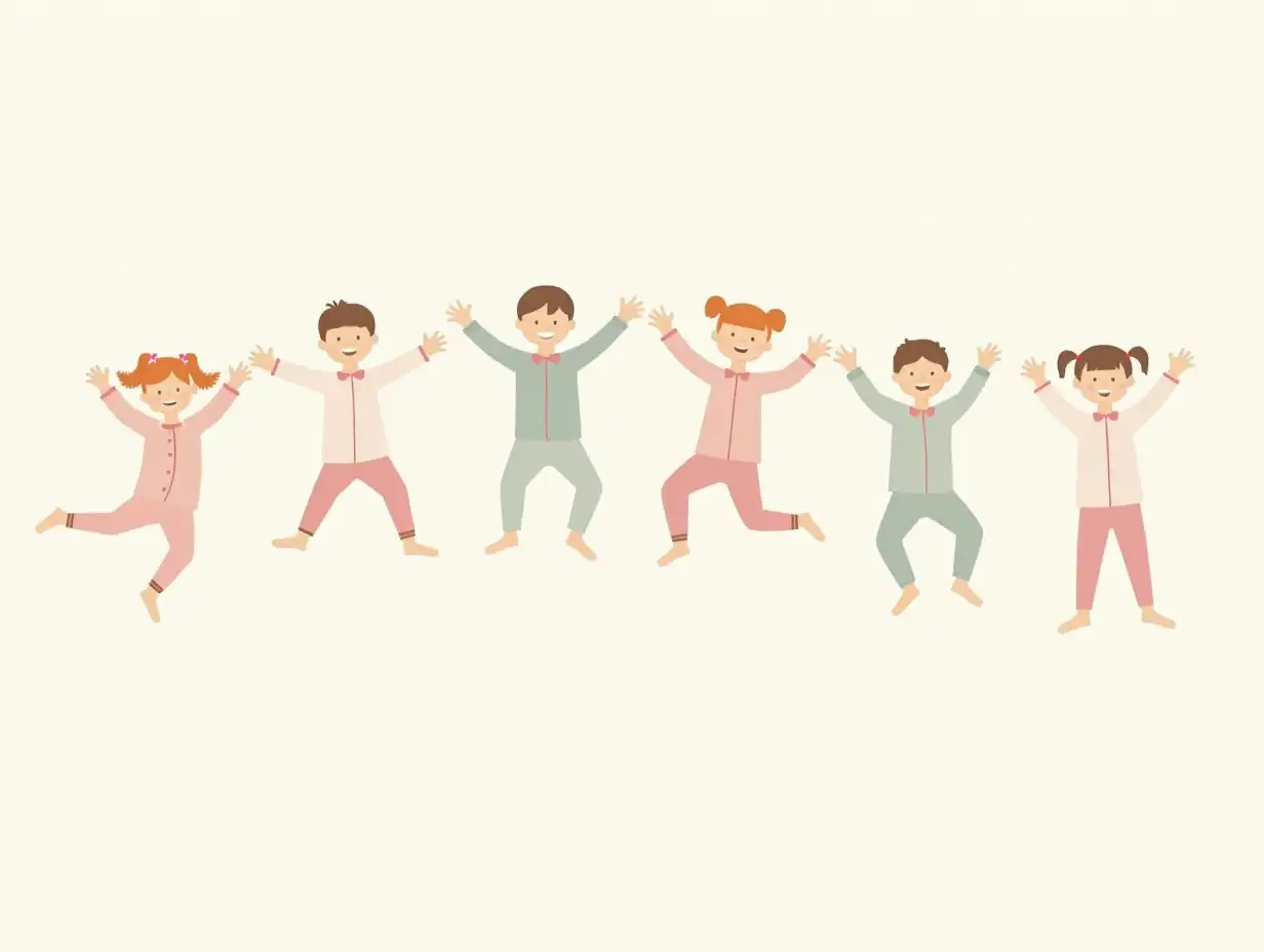 vector images of six children in pajamas, jumping on the bed, without a background