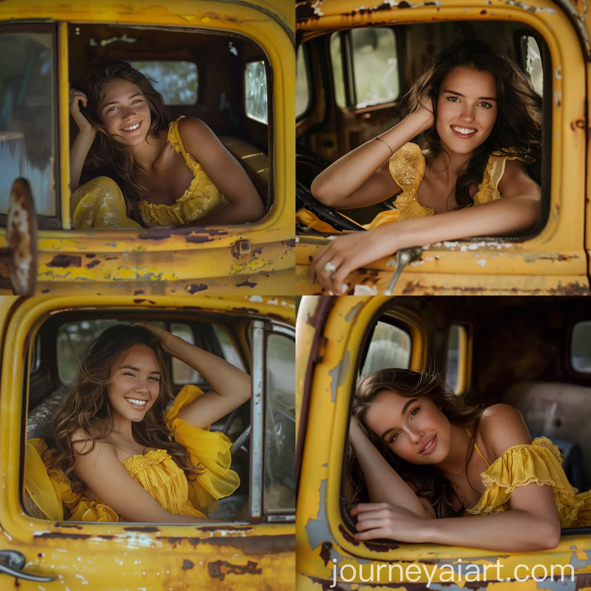 Smiling-Brunette-in-Yellow-Dress-in-Vintage-Truck