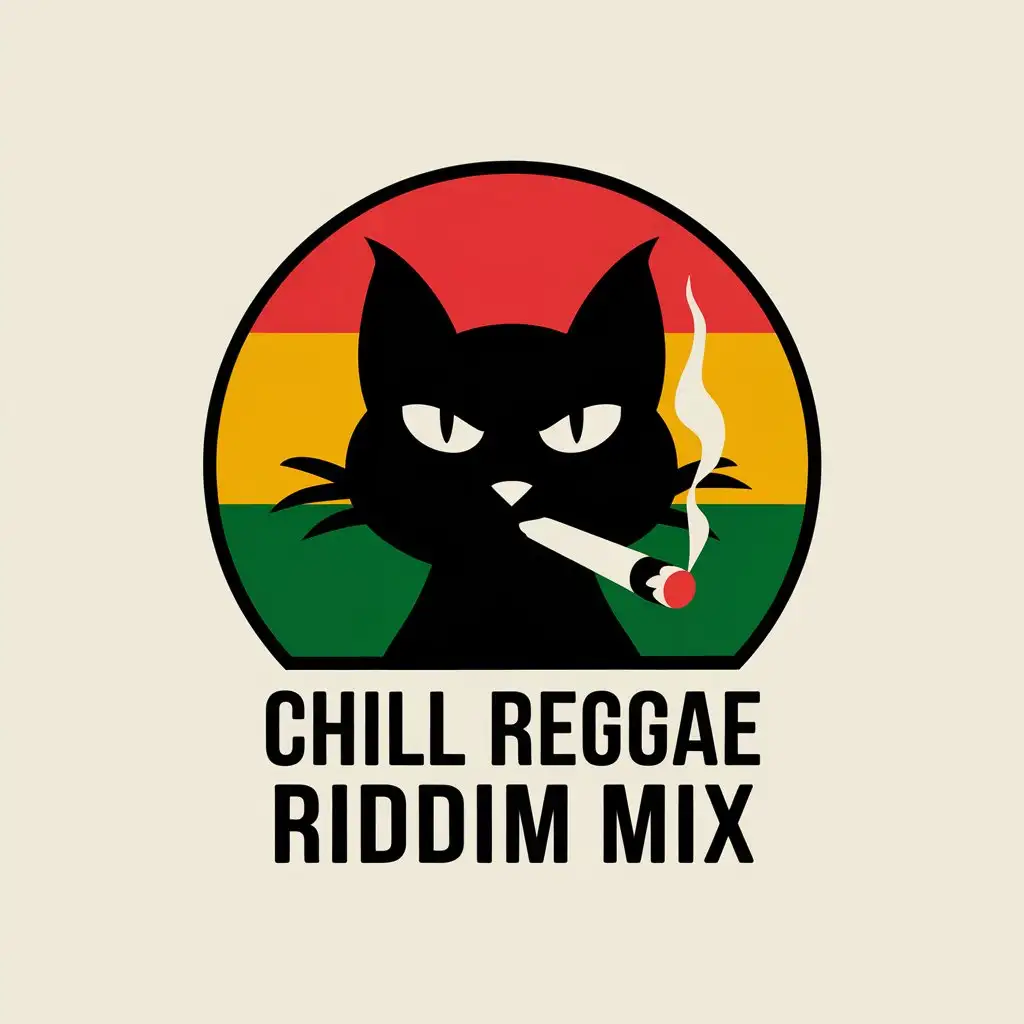 LOGO Design for Chill Reggae Riddim Mix Black Cat Smoking Cigar with Rasta Colors and Reggae Vibes