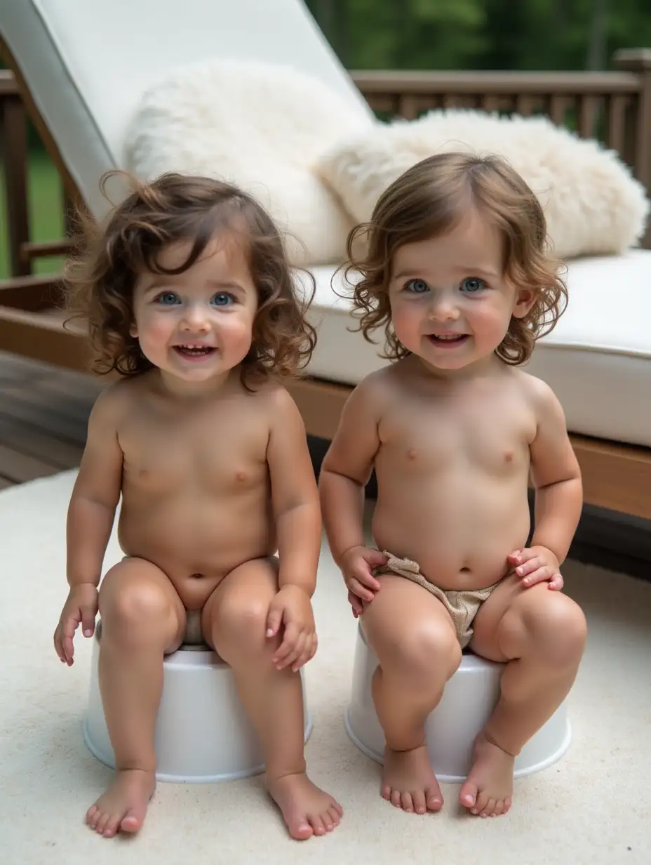 Two-Young-Girls-Sitting-on-Potty-Chairs-on-Wooden-Deck-with-Lounge-Chair-in-Background