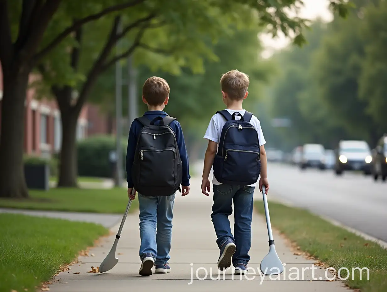 Two-Boys-WalkingAI-Image-Prompt-Expansion-Home-with-Floorball-Sticks-on-a-TreeLined-Suburban-Sidewalk