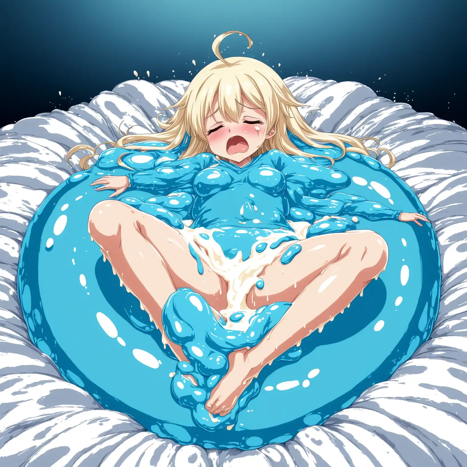 Generous slime girl.. Half transparent blue body.. Spreading legs and falling asleep.. Fainting.. Tears.. Overflowing cream pie.. Anime illustration.