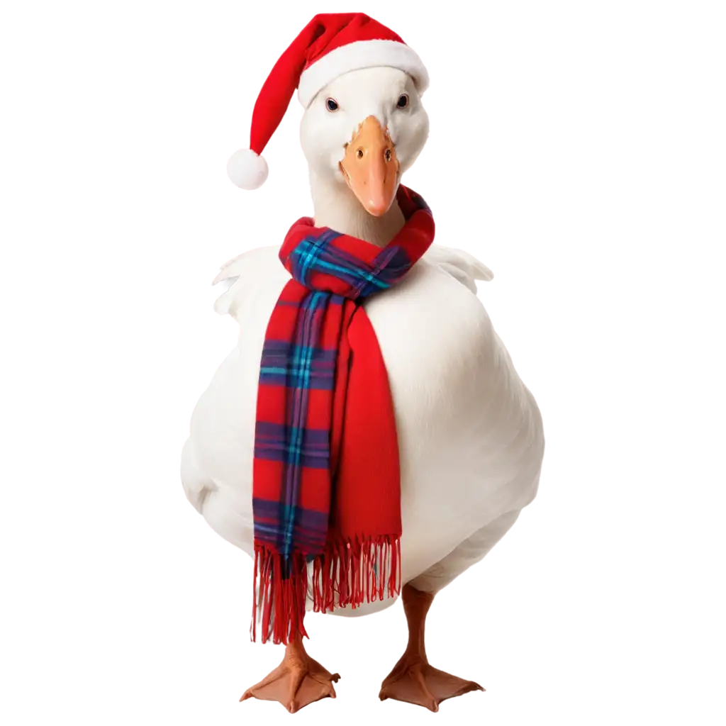 White goose with a New Year's hat, scarf, with gifts, near a Christmas tree