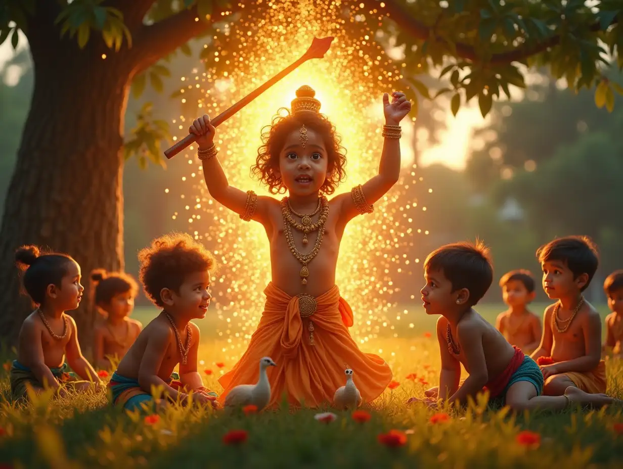 A kid embodies the divine energy of Lord Murugan, playing with peacocks in a vibrant garden. His face seamlessly transforms into a youthful, glowing depiction of Lord Murugan, with a third eye and divine aura. He raises a vel (spear) to dispel dark clouds, showcasing his divine power. The video ends with him sitting under a banyan tree, surrounded by children, as the setting sun casts a golden glow. Cinematic, ultra-detailed, 16:9 aspect ratio, glowing effects, warm and cool color palette.