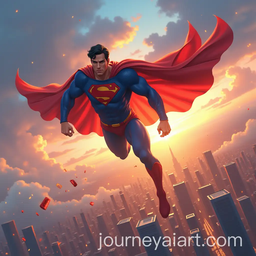 Superhero-Flying-Above-Cityscape-with-Fiery-Sky-and-Vibrant-Clouds
