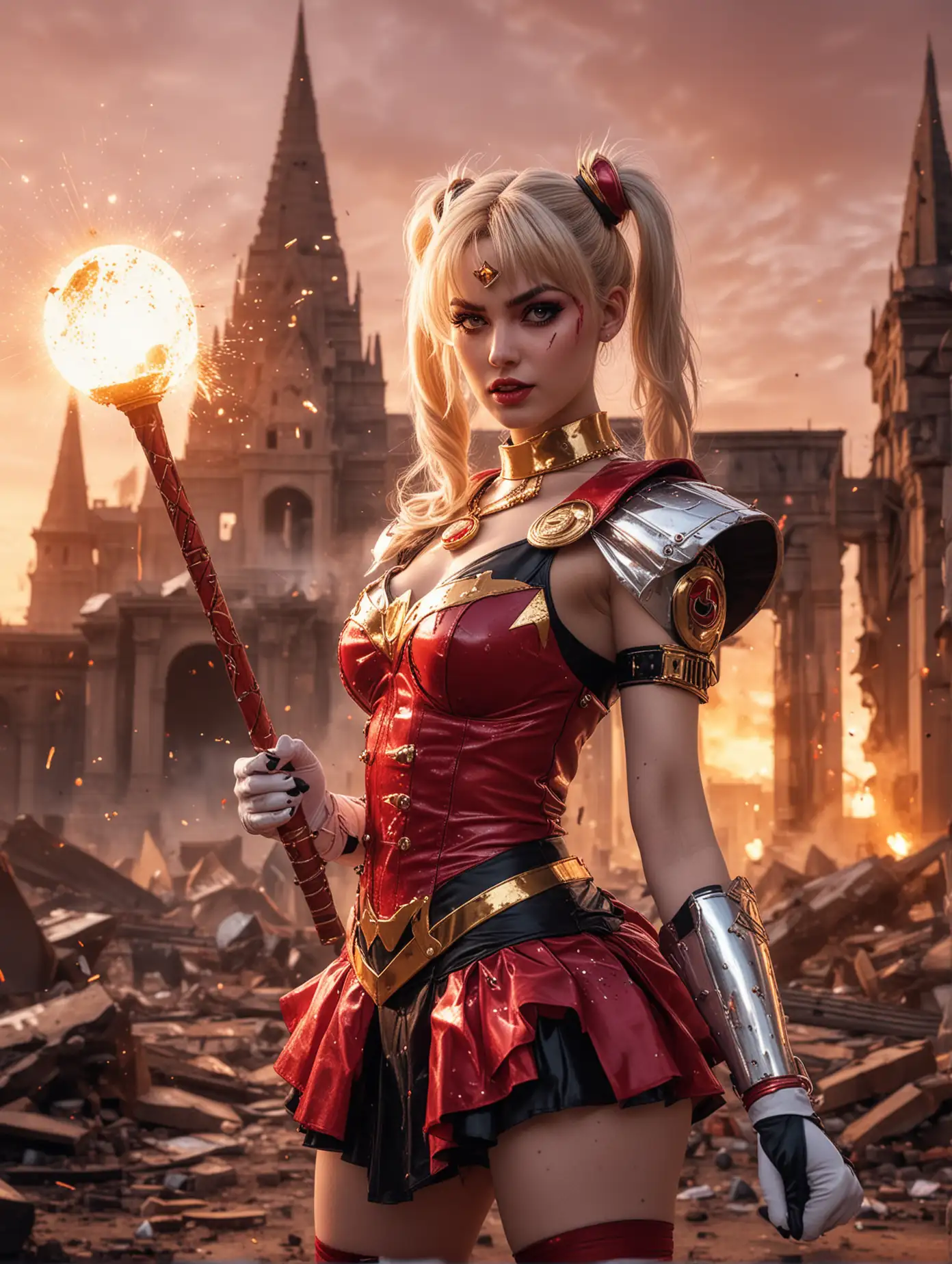 A masterful and striking conceptual art potrait, close up portrait, close up shot, showcasing beauty Sailormoon was cosplaying as Harley Queen, holding a baseball's bat, deeply immersed in the chaotic energy of a war Zone with explosions everywhere. Dynamic martial action pose at pyramide temple background with amazing ray tracing of sunset light.