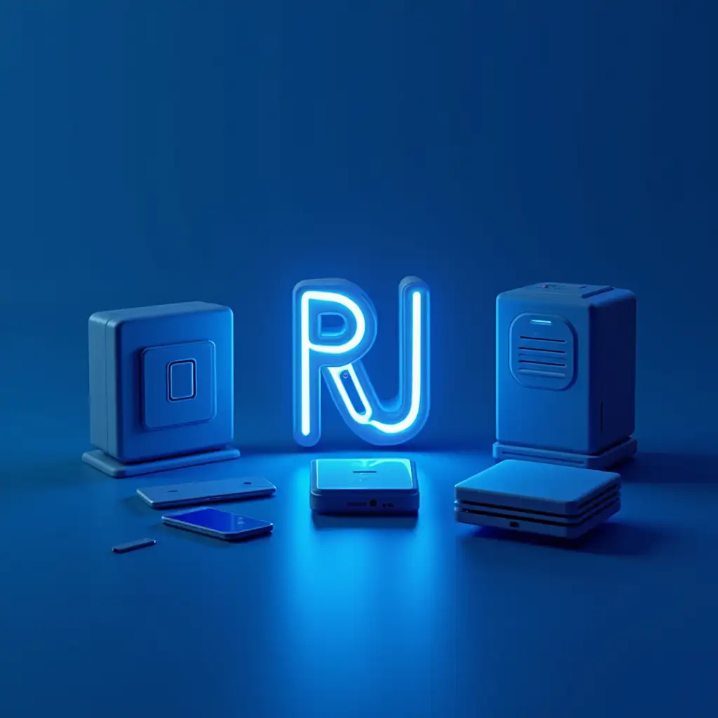 A promotional image of digital devices containing the letters 'RJ', blue tones, sci-fi style, including switches, computers, mobile phones, and wireless routers, futuristic design, smooth surface, metal texture, dynamic light and shadow, high contrast, digital rendering, surreal elements, minimalist composition, 8K resolution