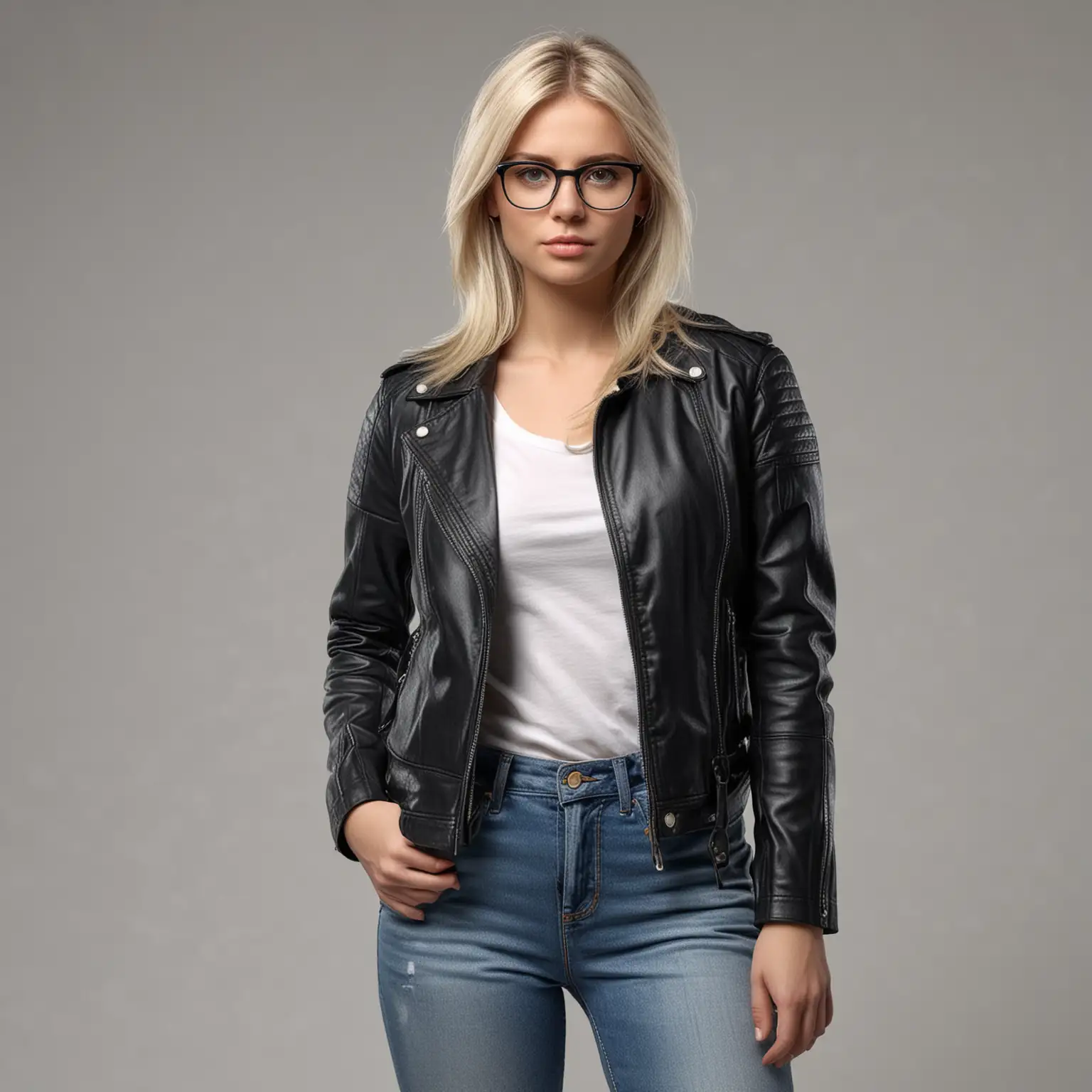 Blonde-Model-in-Black-Leather-Jacket-with-Glasses-and-White-Shirt-HighQuality-Photo-Shoot