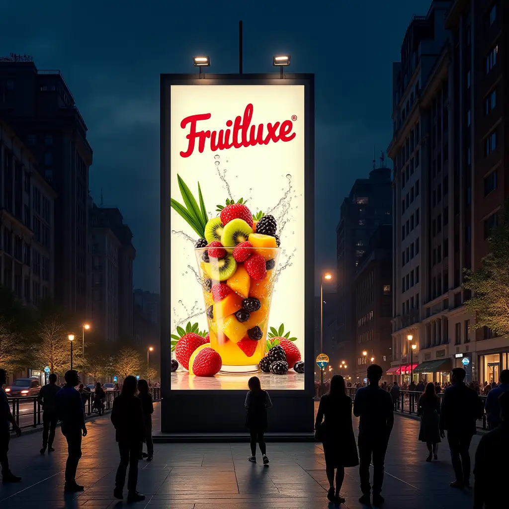 In the middle of a city, there's a tall building with a Full HD, brightly lit advertisement board, shining from far even at night. The board has 'Fruitluxe' written in bold, stylish font, surrounded by vibrant and juicy fruits like kiwi, strawberry, mango, grapes, and pineapple creatively arranged. The ad shows a tempting fruit salad cup with honey drizzle, around which there are water splashes and fresh leaves effects to create refreshing vibes. Passersby get attracted as they look at the board, some even point towards it, looking impressed by its taste and presentation.