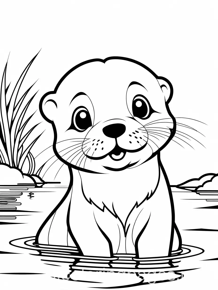 Cute baby Otter with scared expression in a river, Coloring Page, black and white, line art, white background, Simplicity, Ample White Space. The background of the coloring page is plain white to make it easy for young children to color within the lines. The outlines of all the subjects are easy to distinguish, making it simple for kids to color without too much difficulty