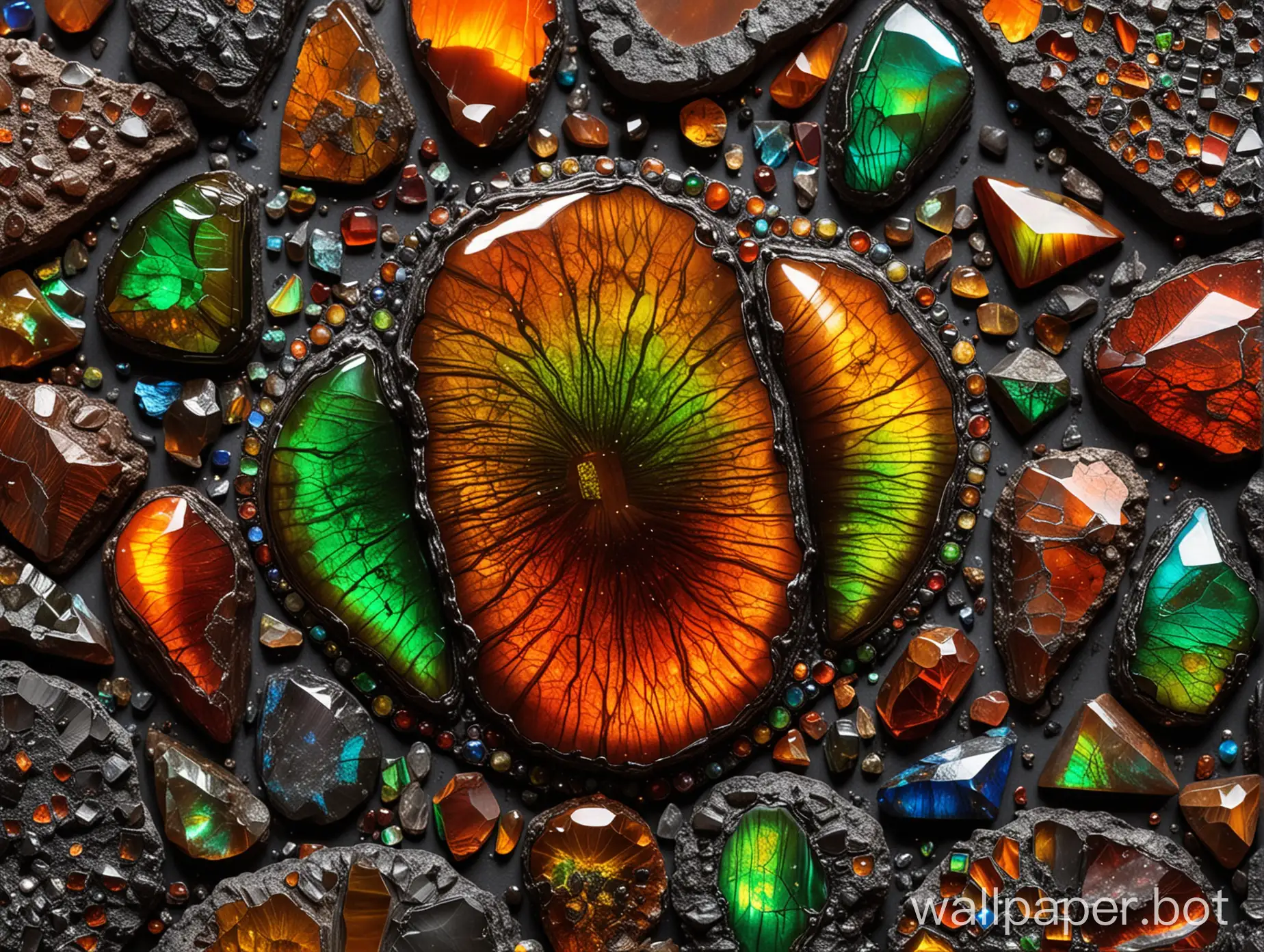 Cosmic ammolite gems and minerals, the background and setting of the image should also feature ammolite minerals.