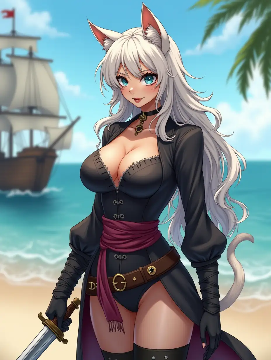 A mature adult feline/woman dressed as a pirate with a sword on a beach.  A pirate ship in the background. Her 30-something years are disguised by her youthful facial features, except for her subtle wrinkles around the eyes, extremely slender body. Her ample bosom strains against her clothing, threatening to burst free from the fabric, extreme cleavage.  Wearing black thigh high pirate boots. She has piercing blue cat eyes. A choker adorns her neck, a subtle hint at her feline nature. Her long, white hair cascades down her back like a wild waterfall, tangled and disheveled. Her cat-like teeth glint in the light, as her white fur-lined ears punctuate her visage with sparkling black and gold earring adorns each ear, adding a touch of elegance to her feline features. Cat whiskers on her face. The attached tail at the base of her spine stirs lazily.  Long fingernails. Full body view. Anime.