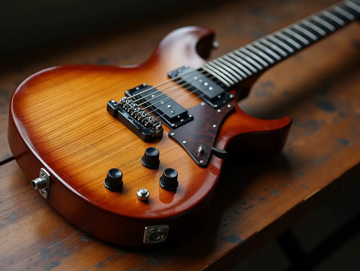 electric guitar aus stein auf einem wunderschönen tisch aus elfenbein porträt