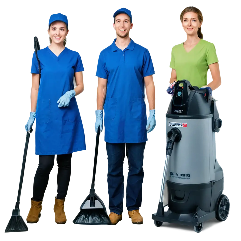 A group of professional cleaning experts standing together in uniform (gloves, caps, and work boots), confidently posing with their advanced cleaning machines—such as industrial vacuum cleaners, floor scrubbers, and pressure washers. The scene is realistic and well-lit, with a clean, neutral background (preferably transparent). The team appears professional, organized, and ready for work. PNG format with transparent background.