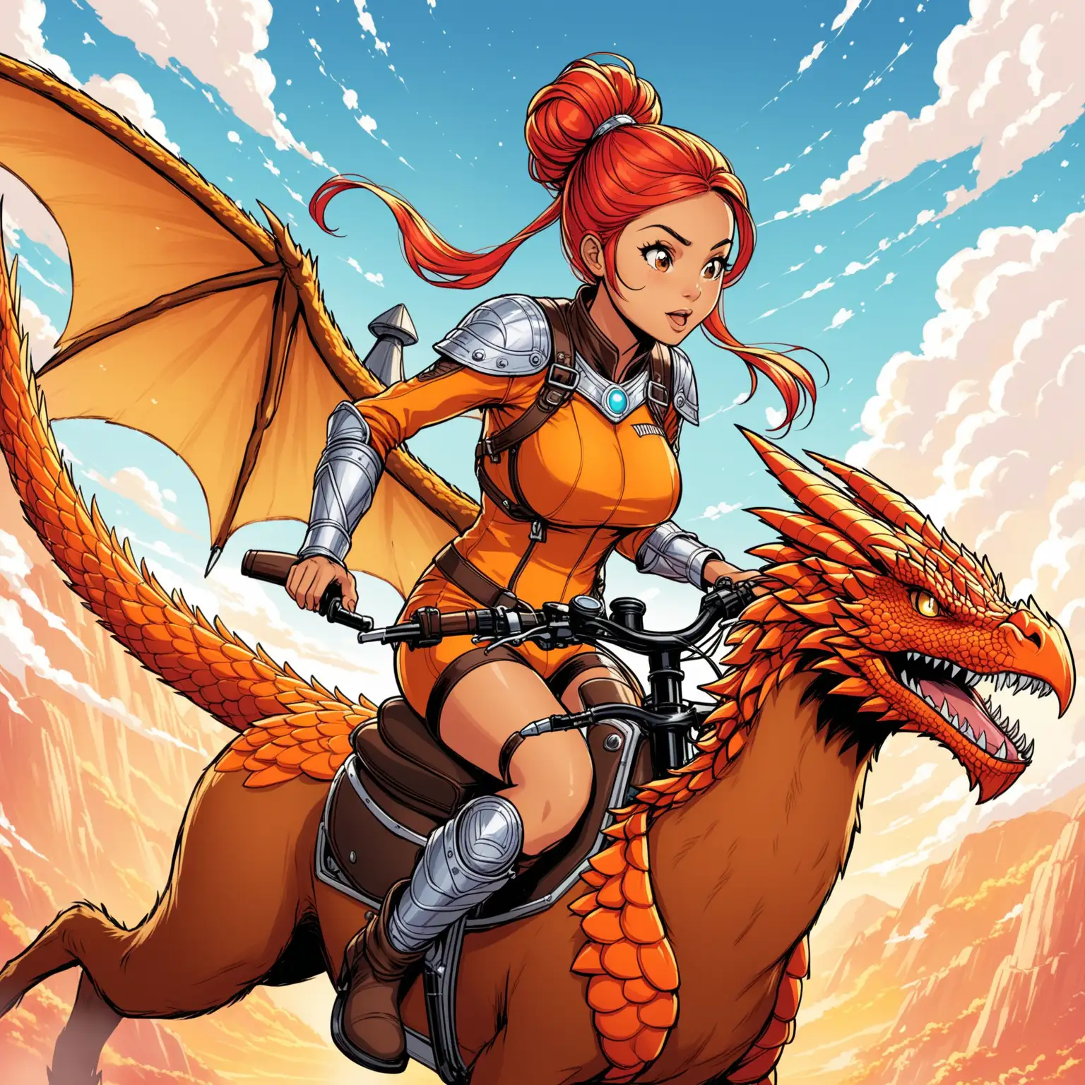 Latina-Woman-Riding-Wyvern-in-Vibrant-Viking-Village