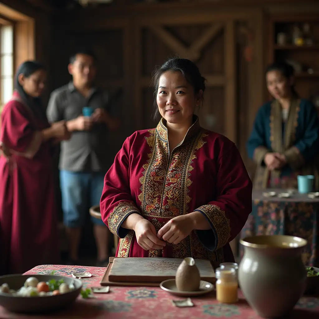 A woman in traditional Mongolian clothing managing a household, surrounded by servants and household items.