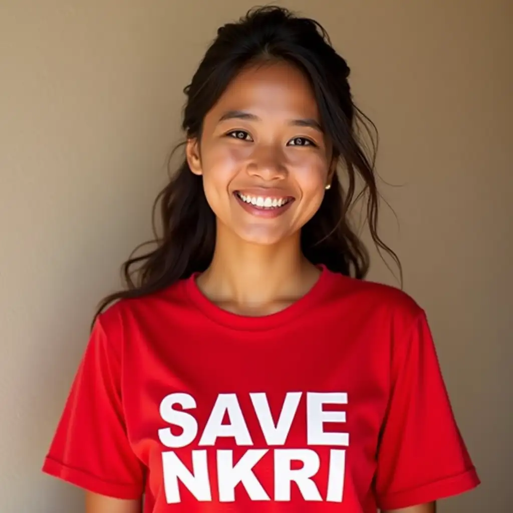 A cheerful 25-year-old Indonesian woman with warm, radiant skin and a bright smile, facing the camera directly. She is wearing a vibrant red T-shirt with bold white letters that read 'SAVE NKRI.' Her dark hair is styled casually, possibly in loose waves or a ponytail, and her expression exudes confidence and positivity. The background is simple and unobtrusive, allowing her to stand out as the focal point. The lighting is soft and natural, highlighting her joyful demeanor and the message on her shirt.