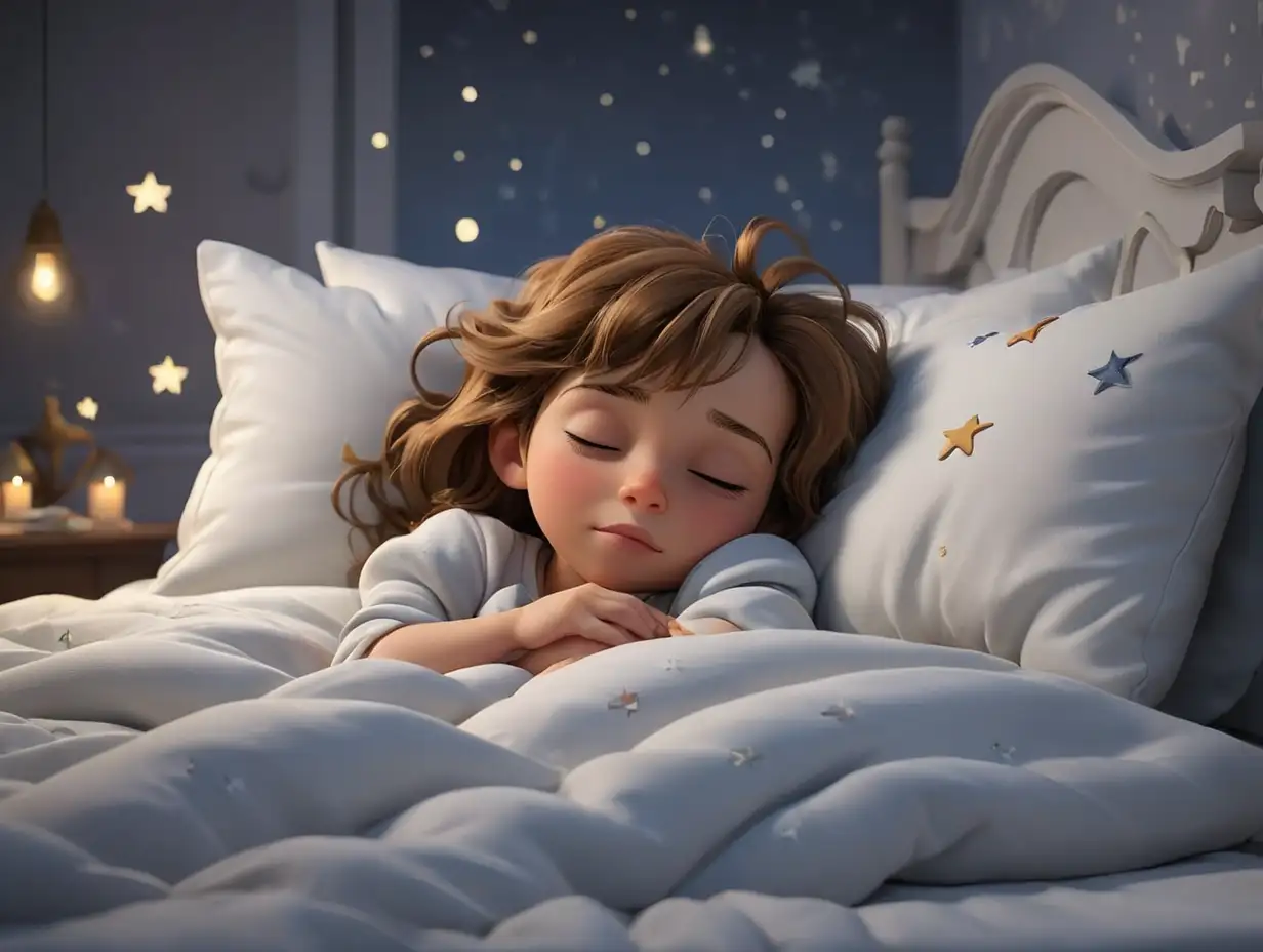A child sleeping peacefully on a soft white bed, nighttime atmosphere., 3d disney inspire