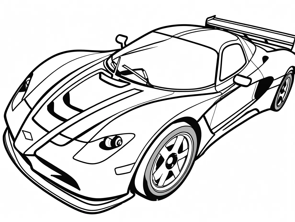 racecar, Coloring Page, black and white, line art, white background, Simplicity, Ample White Space. The background of the coloring page is plain white to make it easy for young children to color within the lines. The outlines of all the subjects are easy to distinguish, making it simple for kids to color without too much difficulty