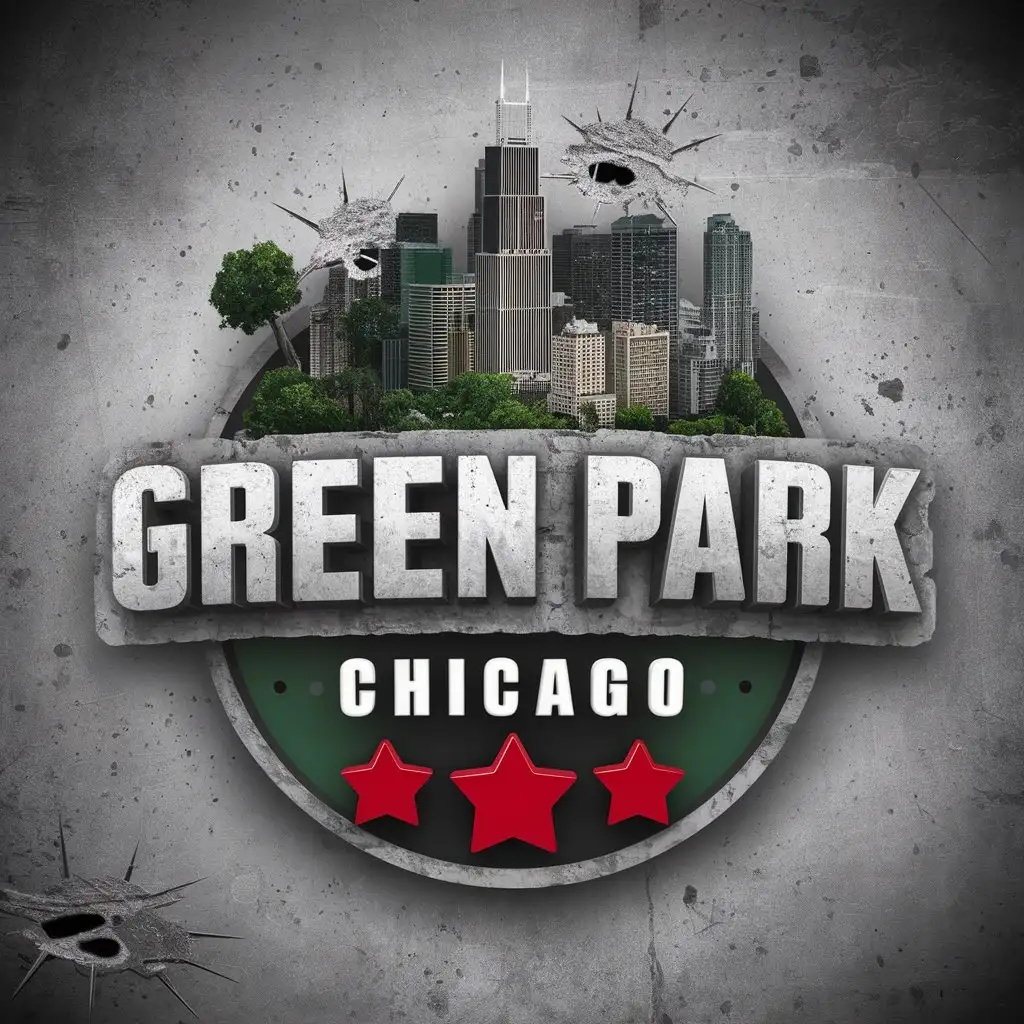 LOGO Design For Green Park Chicago Dark Green White Black with Chicago Cityscape and Bullet Holes