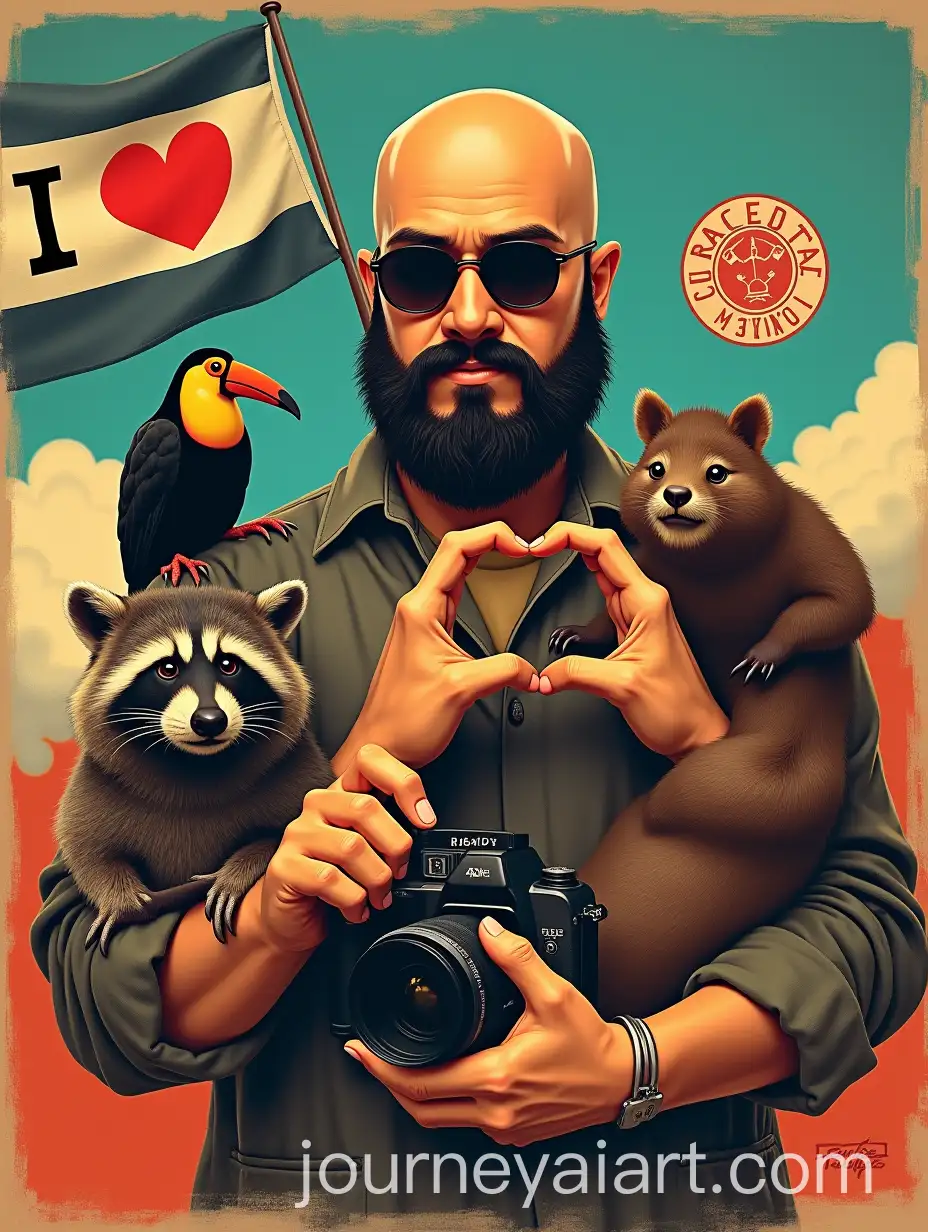 Vintage-Movie-Poster-with-Bald-Man-Raccoon-Toucan-and-Capybara-in-Dramatic-Pose