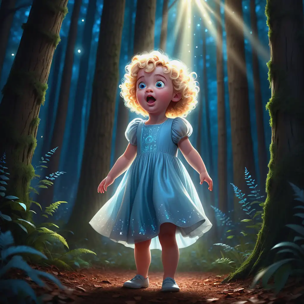 A 3-year-old cute little girl with blonde, curly hair and blue eyes, named Romy, wearing a light blue dress similar to the one in the uploaded image, is standing in awe in the Zauberwald. Her eyes are wide and sparkling, her mouth open in an ‘O’ shape, as she watches glowing magical creatures float above her head. The soft light from the forest reflects on her face, making her wonder and amazement the focus of the scene. The illustration should be in the detailed Disney Pixar style, with a polished, glossy finish and vibrant colors, bringing the magical atmosphere of the forest and Romy’s expression of awe to life.