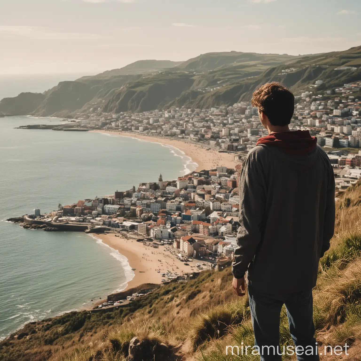 Man Overlooking Coastal Cityscape from Hilltop View