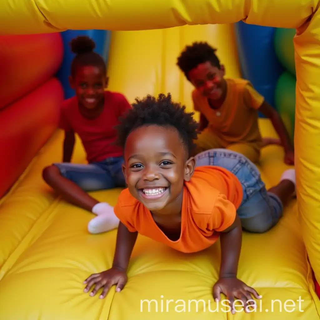 Black 7 year old cousins, with white and hispanic cousins, playing in yellow , reed, blue and green bounce house, wearing  orange , yellow and blue, smilling, perfect teeth, white socks,