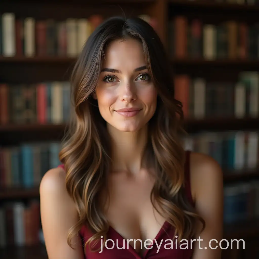 Beautiful-British-Women-with-Perfect-Skin-in-Room-with-Bookshelf-Background
