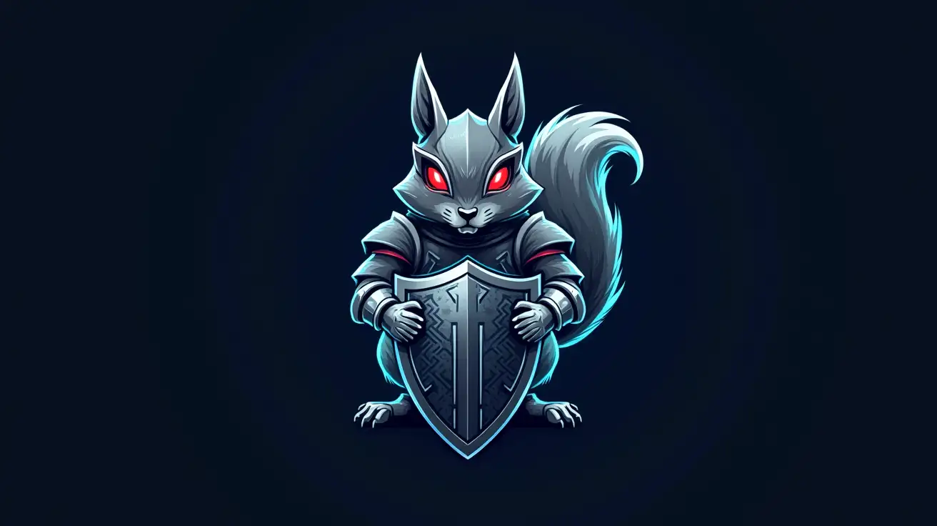 A futuristic, cybernetic squirrel knight logo, clad in sleek, high-tech armor with glowing blue energy lines. The squirrel stands proudly, gripping a metallic shield embedded with encrypted circuit patterns, symbolizing protection and security. Its helmet features a sharp, angular visor with glowing red eyes, and its armored tail curves elegantly behind, resembling a battle crest. The design is bold, symmetrical, and highly detailed, crafted in a vector-based modern emblem style. The color scheme consists of metallic silver, deep gunmetal, and neon blue highlights, perfect for a cutting-edge cybersecurity brand identity.