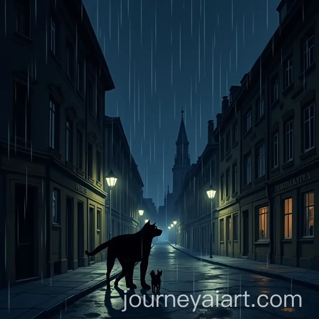 Dark-City-with-French-Architecture-in-Animated-Style-During-Heavy-Rainstorm