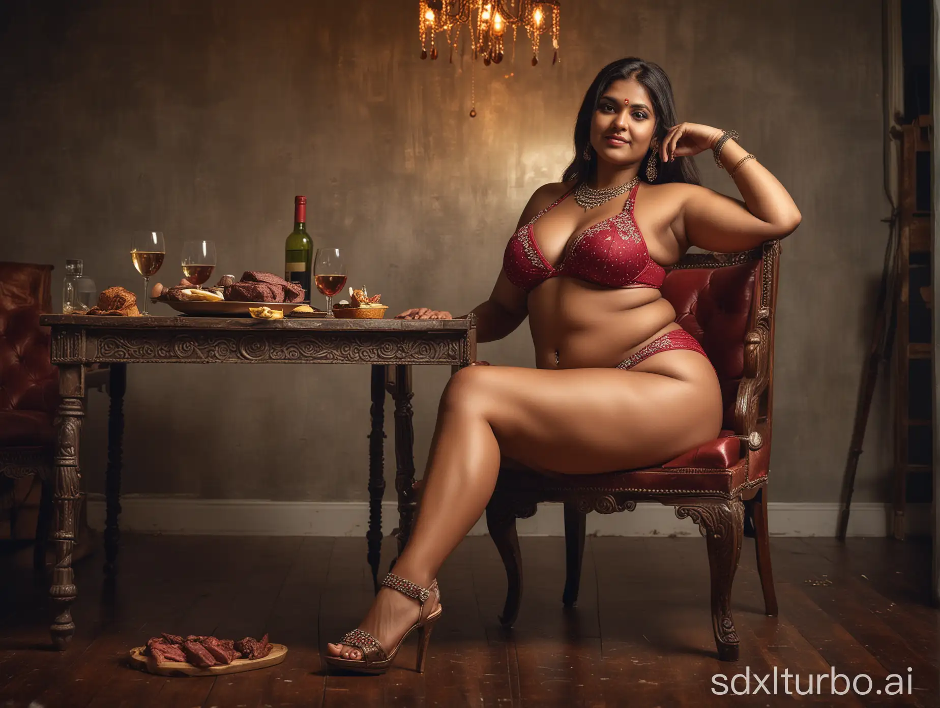 Happy-Indian-Woman-in-Bikini-and-Jewelry-Enjoying-Wine-and-Roasted-Beef