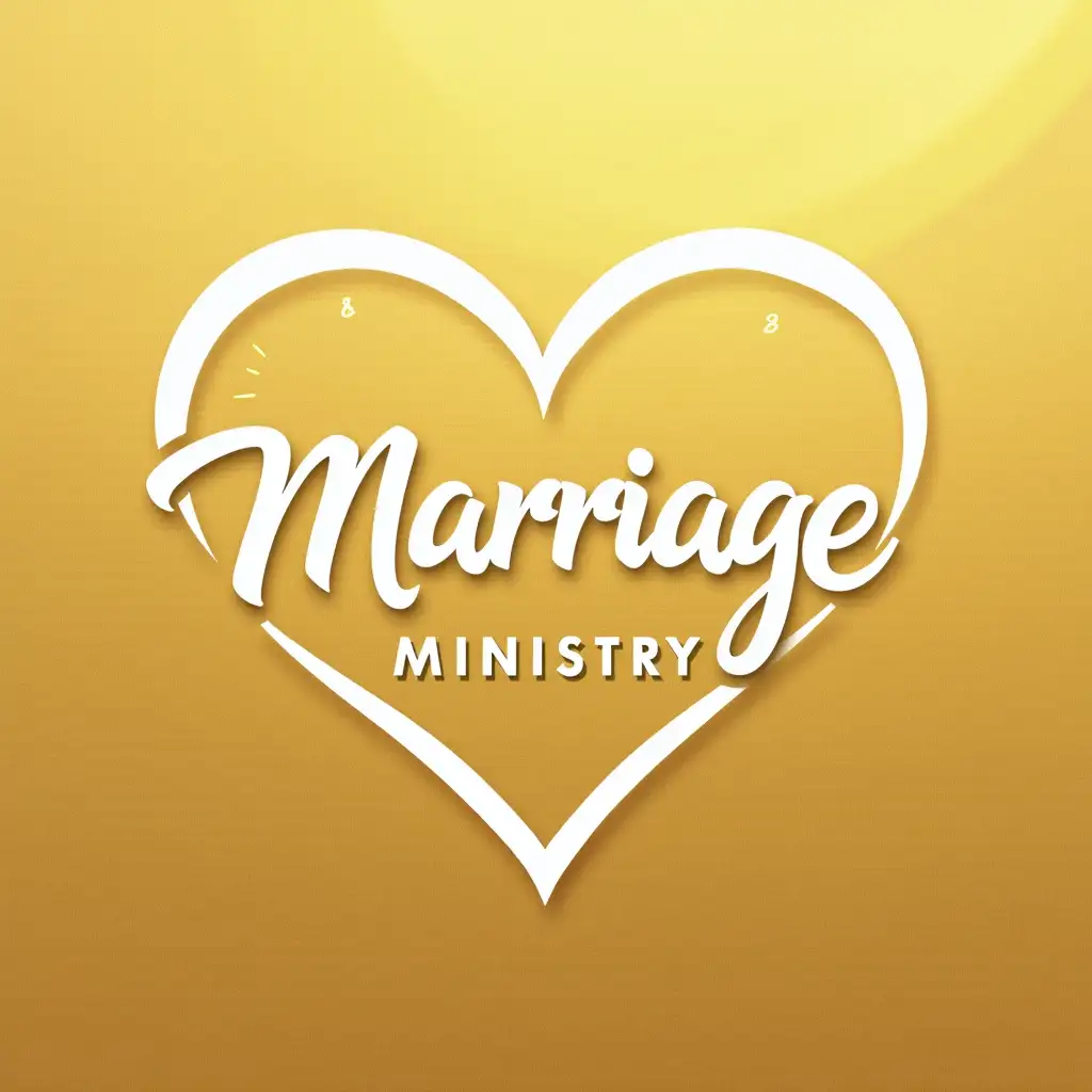 Generate a modern logo for a "Marriage Ministry." The design should feature a white heart outline that subtly encompasses the text "Marriage Ministry" in an elegant, sans-serif typeface. Below the heart, include "1 Cor 13:4-8" in a smaller, refined font. The background should have a metallic foil gold texture. The overall design should feel sophisticated and modern, subtly conveying a sense of faith and spirituality without being overly explicit or traditional.