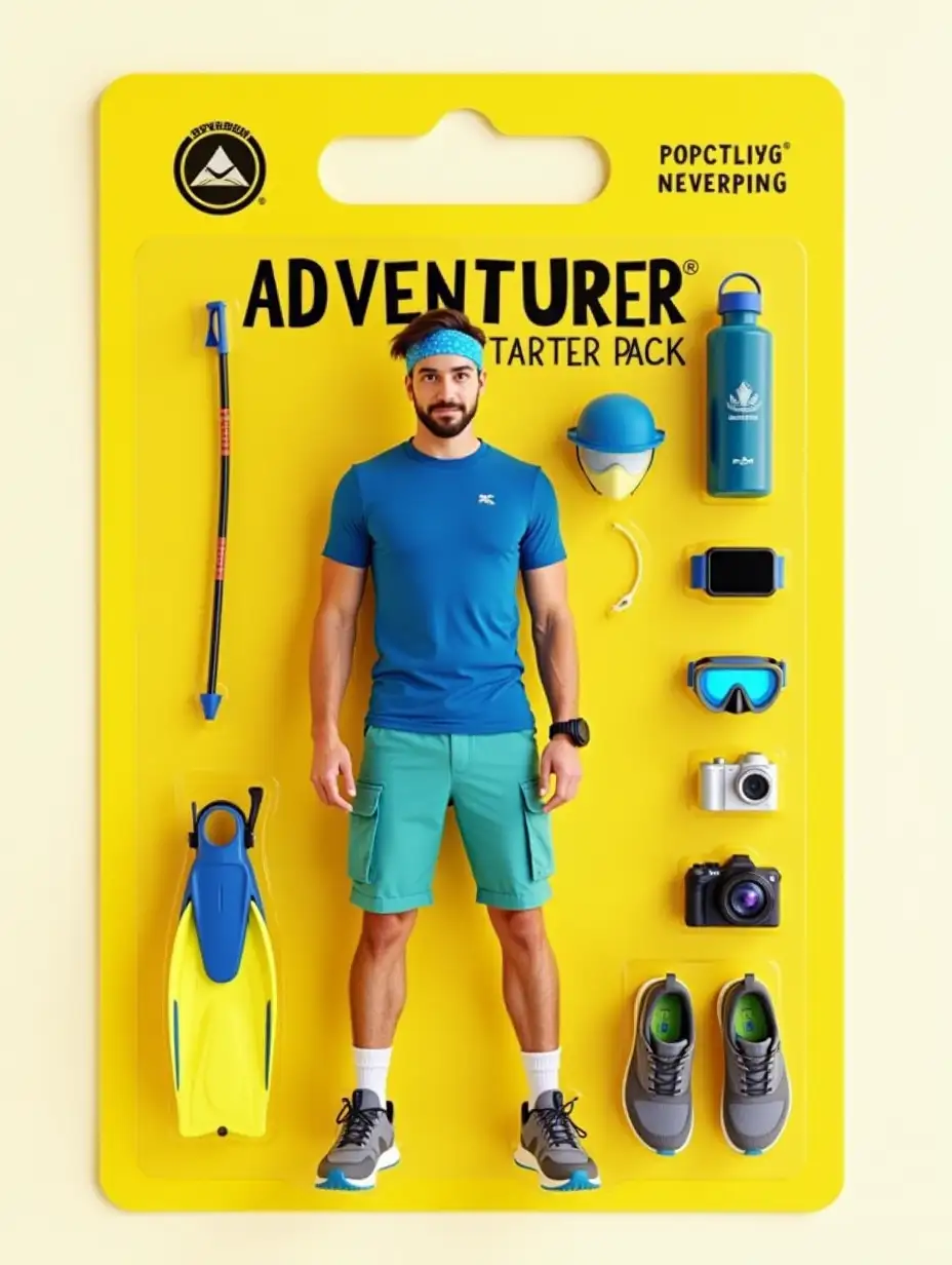 I need you to generate A toy blister pack style image with a yellow backing, labeled 'Adventurer Starter Pack,' featuring a person in a blue athletic shirt, teal cargo shorts, gray hiking shoes, and a black smartwatch, posed confidently on a yellow background. the following accessories: gray hiking boots, blue bandana, collapsible trekking pole, blue hydration bottle, black GPS smartwatch, blue dive mask, yellow dive fins, waterproof camera, blue rash guard, multi-tool