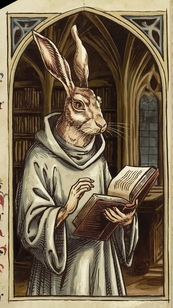 Disturbing medieval illustration, a hare with a human head wearing a monk's robe, holding a book, gothic style, grotesque, ink and parchment, dimly lit library, mysterious, unsettling, art by medieval manuscript illuminators and David Lynch --ar 1:1 --v 5.2 --style raw --weird 500