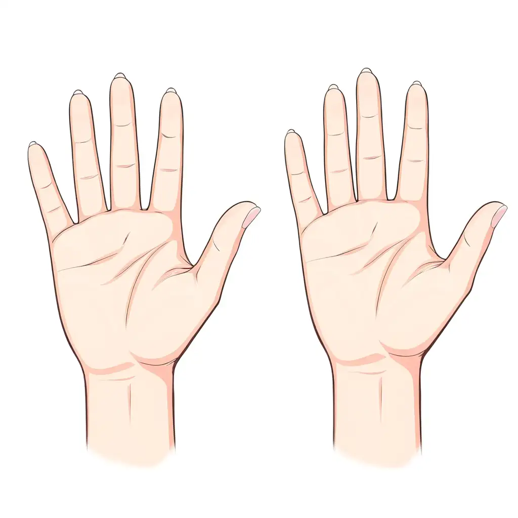 The image displays two opposing hands, one showing the palm and the other the back of the hand. Both are characterized by beauty and softness, reminiscent of the captivating hands of anime characters. The hand showing the palm appears smooth and supple, with clear palm lines that add a touch of realism and artistic beauty. The other hand, showing the back of the hand, features long, slender fingers, and delicate lines on the knuckles that highlight the fine and aesthetic details. The skin tone is light and slightly pink, further enhancing the impression of softness and freshness. Overall, the hands in the image look perfect and beautiful, as if they were meticulously drawn to embody the grace and softness often seen in the hands of anime heroes and heroines.