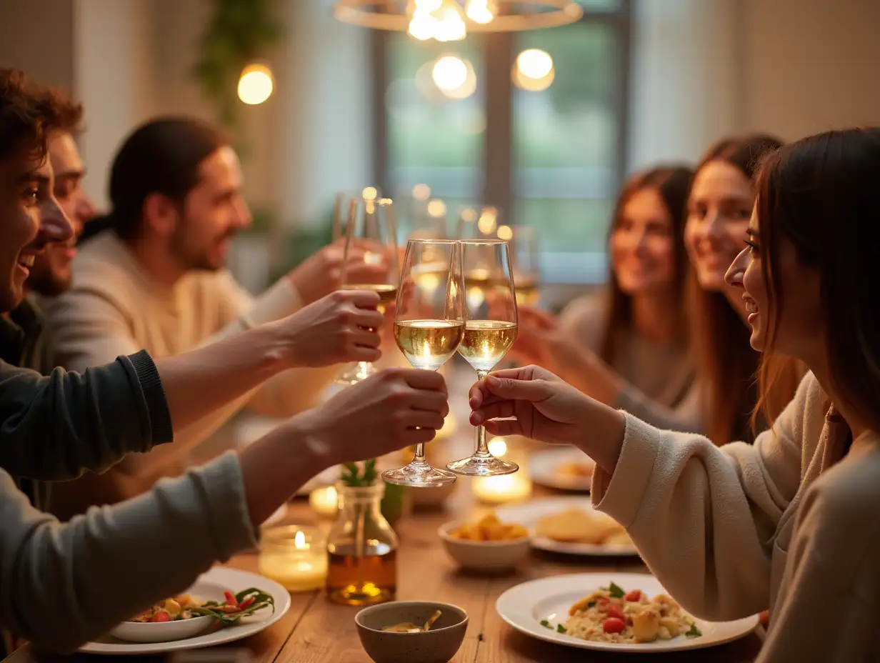 Friends raising white wine glasses in a joyful home dinner celebration