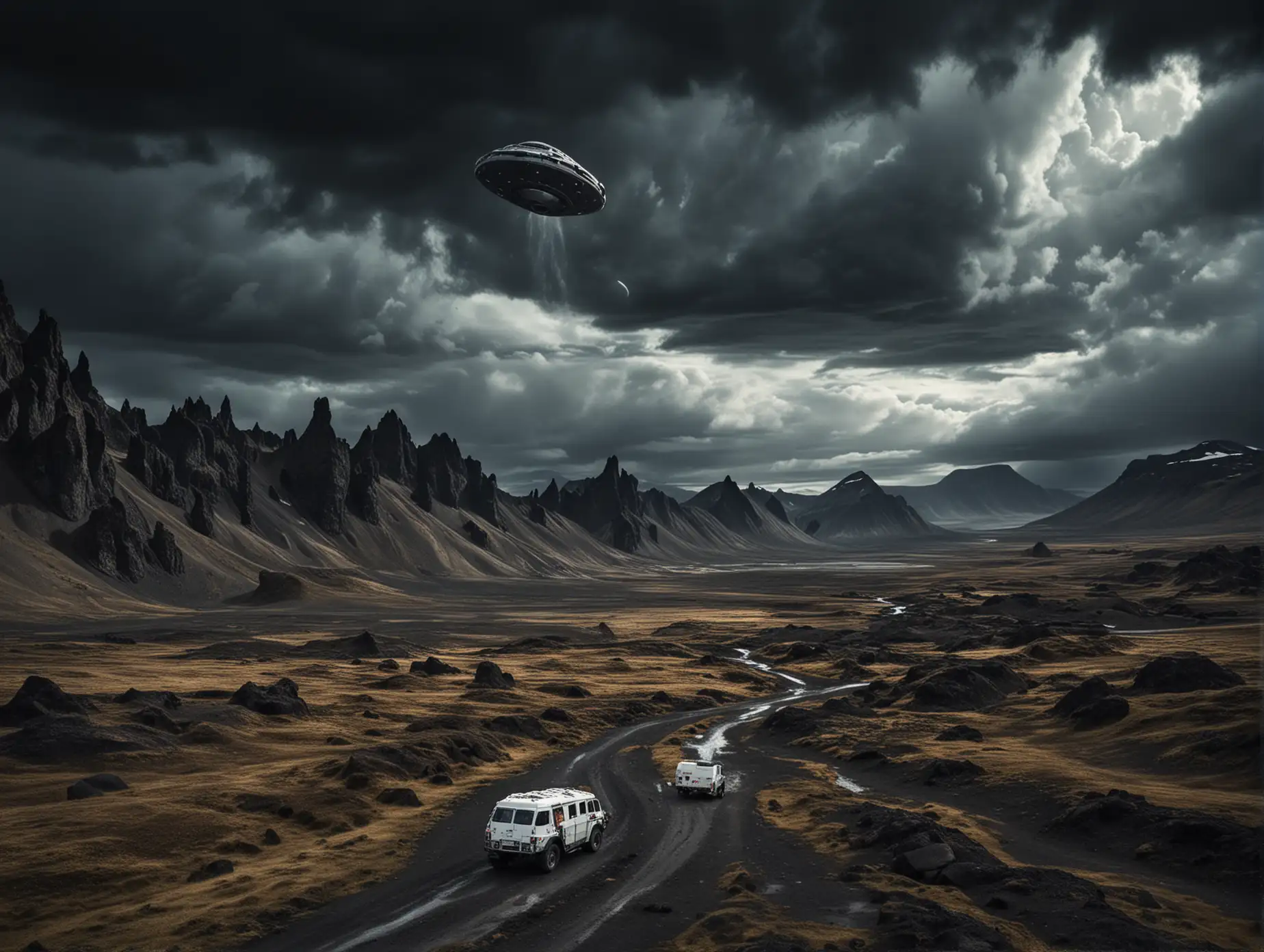 An alien ship is seen in dark sky clouds in a mountain valley in Iceland, with an astronaut and his vehicle in the distance. The image is high-quality and high-resolution.