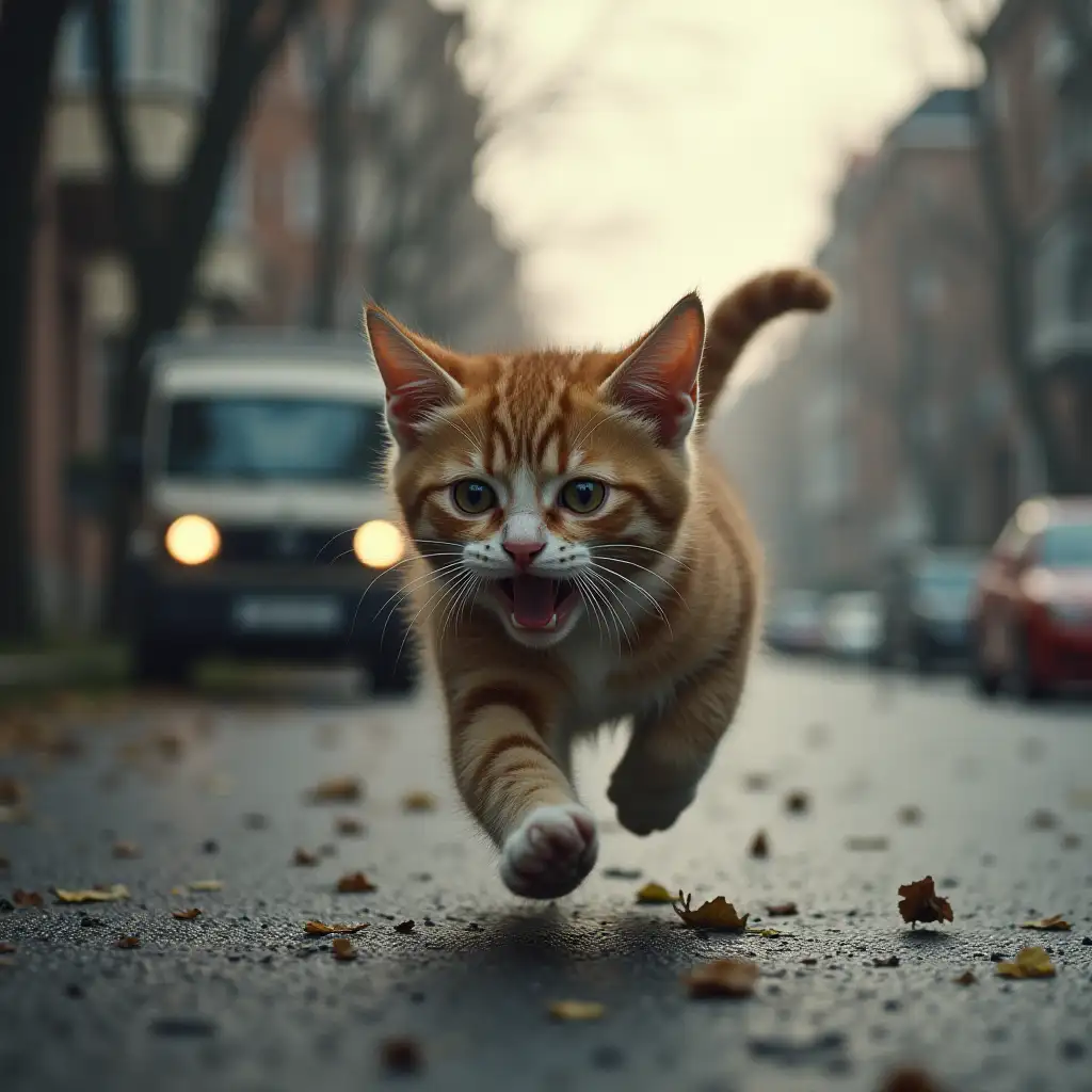 A cat is running away from a car crash