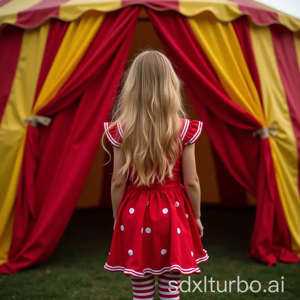 A girl with blonde hair into a circus tent