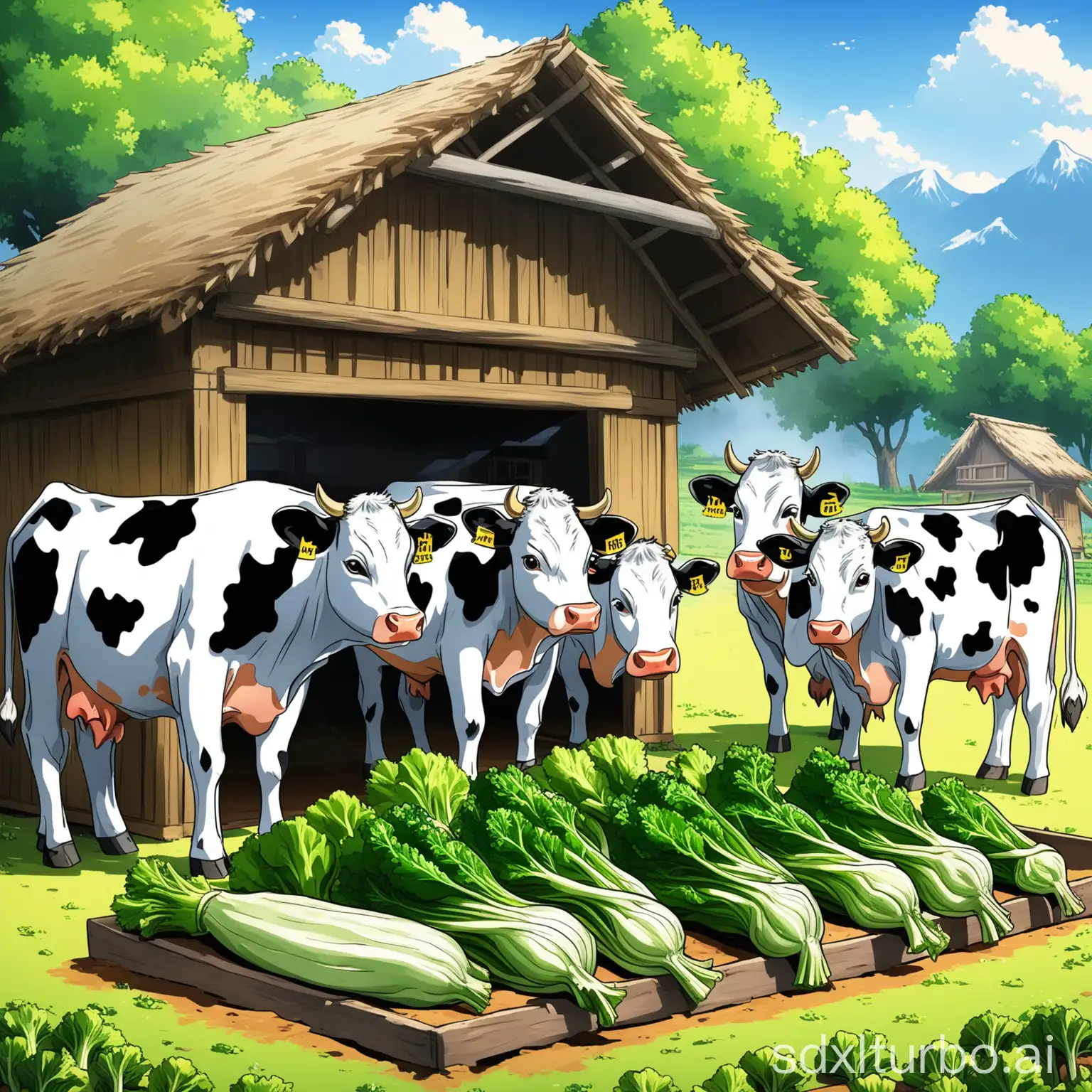 Five cows eat green vegetables in front of the hut